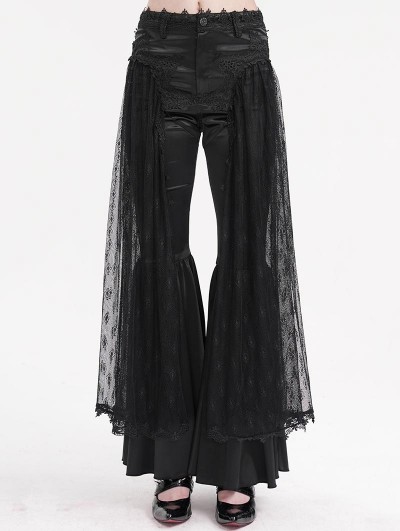 Eva Lady Black Gothic Embroidered Lace Overlay Fitted Flared Pants for Women