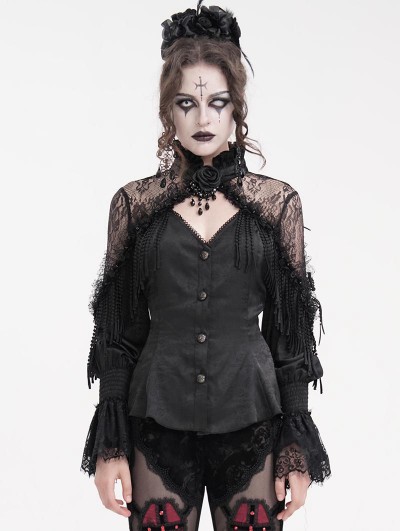 Eva Lady Black Gothic Vintage Ruffle Lace Tassled Fitted Shirt for Women