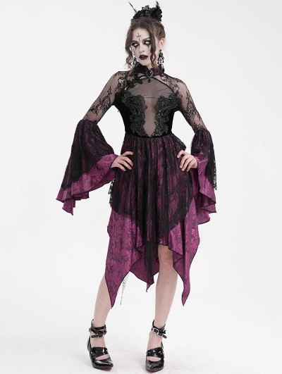 Eva Lady Black and Purple Vintage Gothic Cheongsam Collar Lace Irregular Short Party Dress