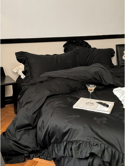 Black Gothic Vintage Ruffle Bow Jacquard Comforter Set