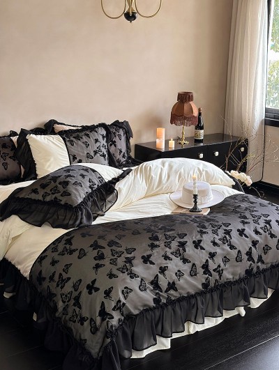 Black and Ivory Gothic Butterfly Print Romantic Ruffle Comforter Set