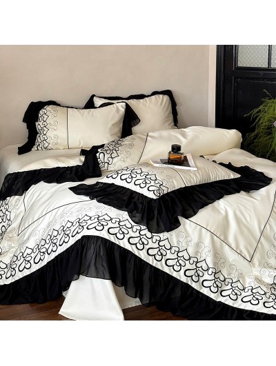 Cream Ivory Gothic Heart Embroidery Ruffle Trim Comforter Set