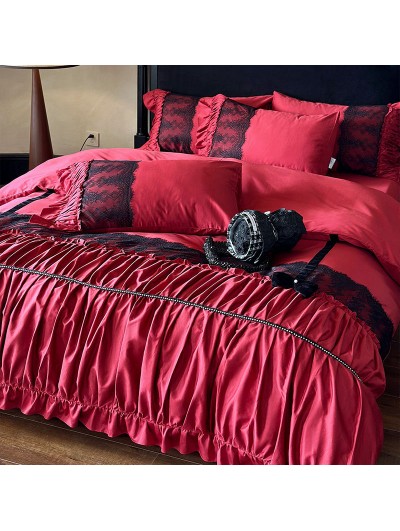 Red and Black Retro Gothic Lace Ruffle Wedding Comforter Set