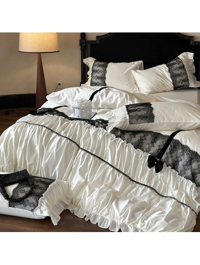 White and Black Retro Gothic Lace Ruffle Wedding Comforter Set