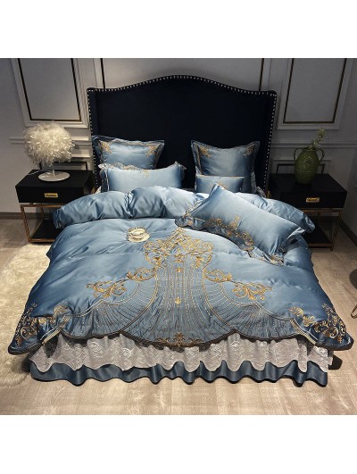 Blue Gray Luxurious Retro Gold Floral Embroidery Comforter Set