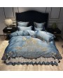 Blue Gray Luxurious Retro Gold Floral Embroidery Comforter Set