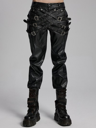 Punk Rave Black Gothic Punk Street Cross Buckle PU Leather Pants for Men