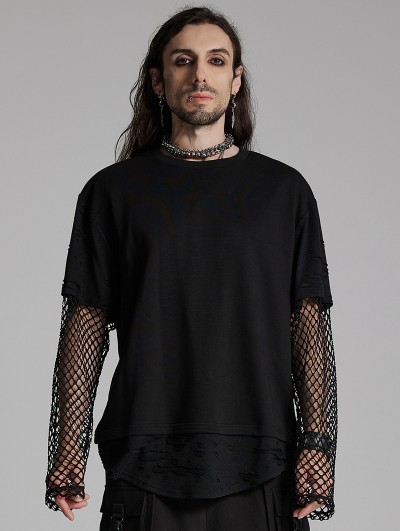 Punk Rave Black Gothic Punk Fake Two-Piece Mesh Spliced T-Shirt for Men