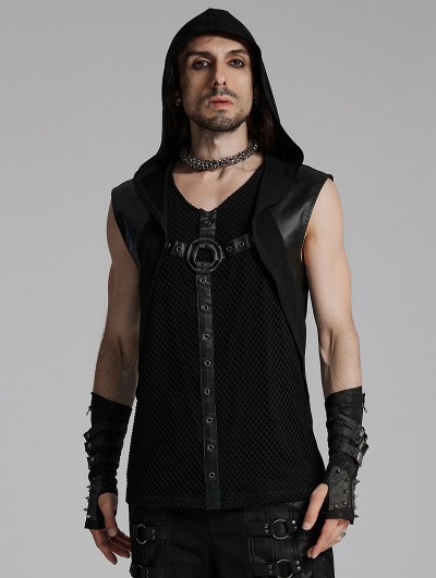 Punk Rave Black Gothic Punk Hooded Decadent Mesh Knitted Vest for Men