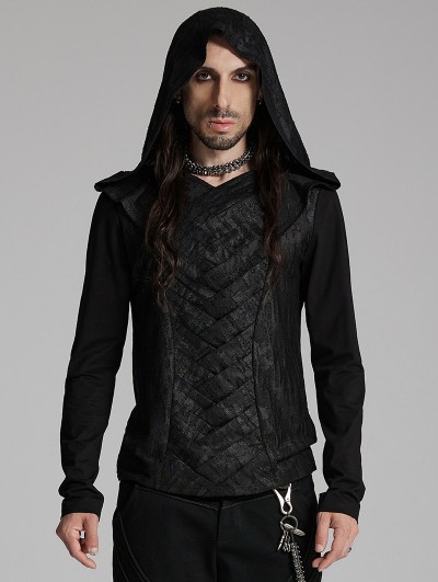 Punk Rave Black Gothic Dark Hooded Cross Overlapping T-Shirt for Men