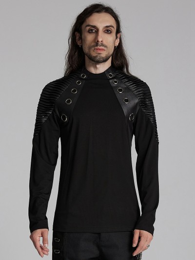 Punk Rave Black Gothic Punk Faux Leather Spliced Knitted T-Shirt for Men