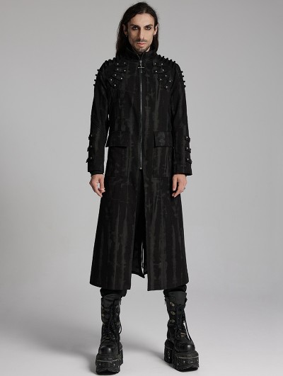 Punk Rave Black Gothic Doomsday Punk Studded Printed Long Coat for Men