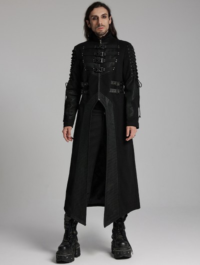 Punk Rave Black Gothic Punk Wild Vision Buckle Front Long Jacket for Men