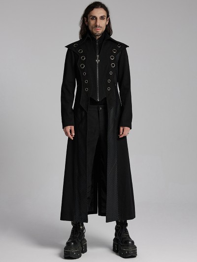 Punk Rave Black Gothic Punk Visual Metal Eyelet Long Jacket for Men