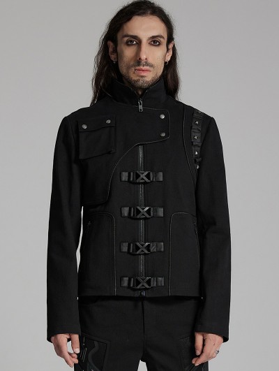 Punk Rave Black Gothic Cyberpunk Deconstruction Stand Collar Jacket for Men