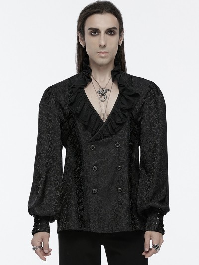 Punk Rave Black Gothic Retro Ruffled Collar Double-Breasted Shirt for Men