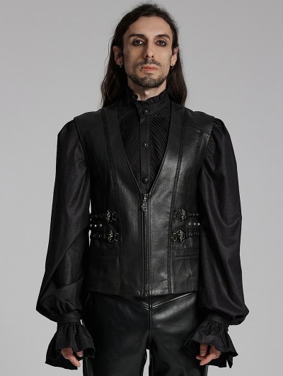 Punk Rave Black Medieval Gothic Punk Faux Leather Vest for Men