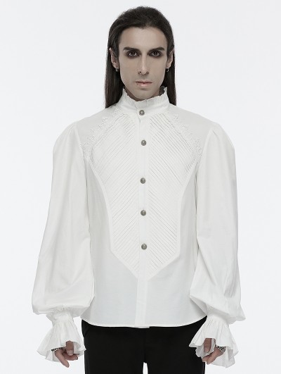 Punk Rave White Gothic Palace Style Retro Ruffle Pleated Shirt for Men