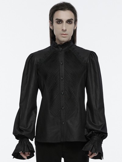 Punk Rave Black Gothic Palace Style Retro Ruffle Pleated Shirt for Men