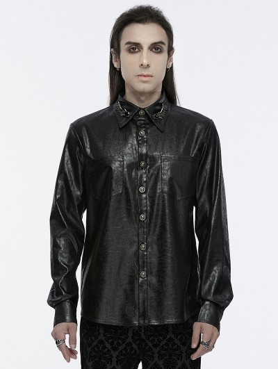 Punk Rave Black Gothic Dragon Scale Faux Leather Fitted Shirt for Men