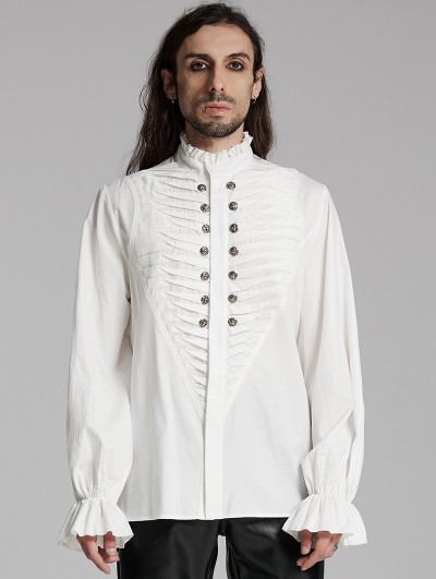 Punk Rave White Gothic Retro 3D Pleated Lantern Sleeve Shirt for Men