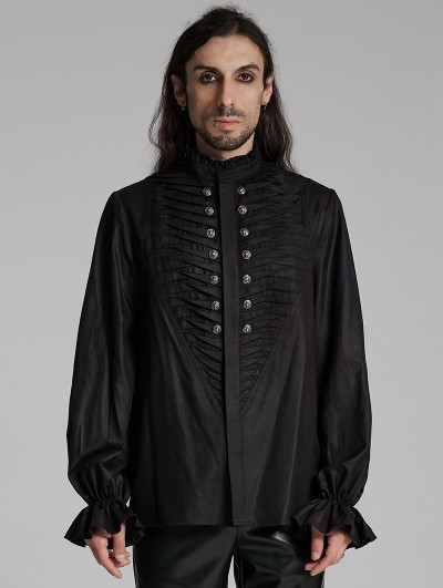 Punk Rave Black Gothic Retro 3D Pleated Lantern Sleeve Shirt for Men