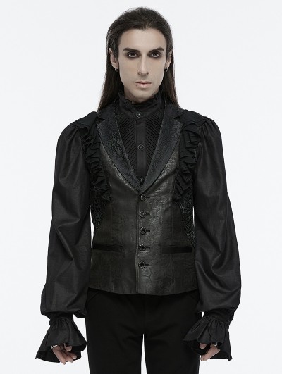 Punk Rave Black Gothic Gorgeous Ruffle Trim Jacquard Vest for Men