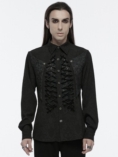 Punk Rave Black Gothic Lace Up Front Skeleton Structured Shirt for Men