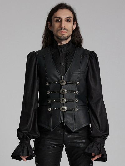 Punk Rave Black Gothic Gorgeous Double-Breasted Faux Leather Vest for Men