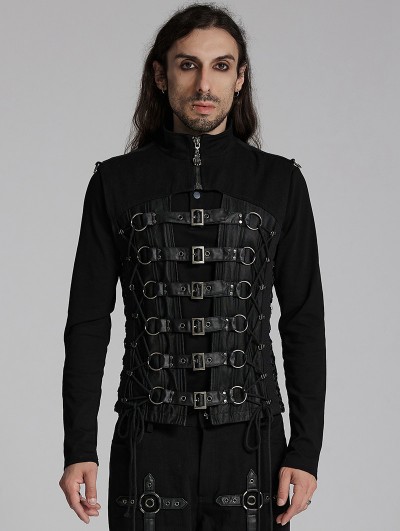 Punk Rave Black Gothic Punk Personality Front Buckle Hollow Vest for Men