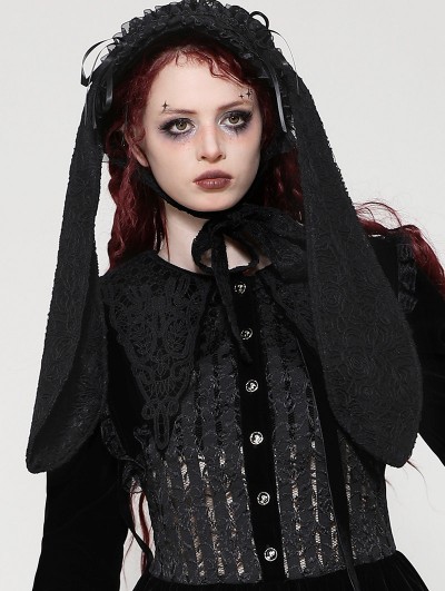 Dark in love Black Gothic Lolita Rabbit Ear Rose Lace Bonnet