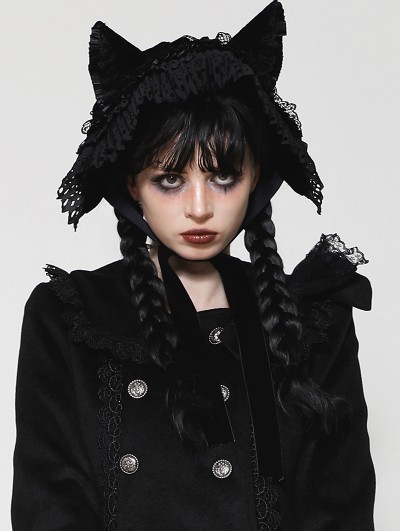 Dark in love Black Gothic Velvet Lace Trim Cat Ear Bonnet