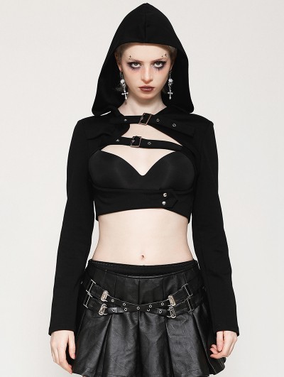 Dark in love Black Gothic Punk Hooded Cross-Strap Buckle Shrug for Women