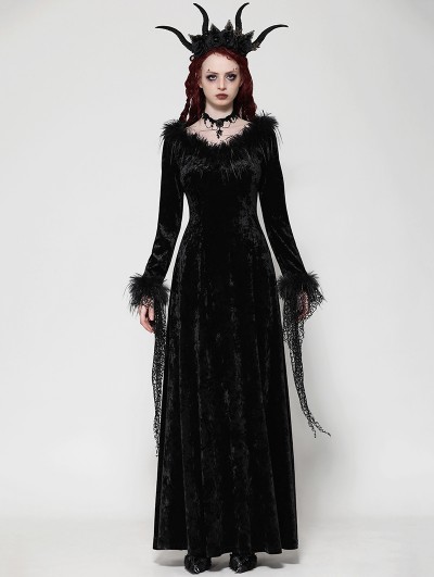 Dark in love Black Gothic Dark Velvet Faux Fur Trim Long Sleeve Maxi Dress