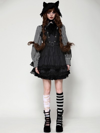 Dark in love Black Gothic Dark Striped Double-Breasted Short Tiered Doll Dress