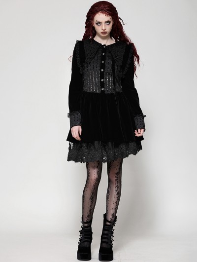 Dark in love Black Gothic Velvet Lace Patchwork Bowknot Schoolgirl Short Dress