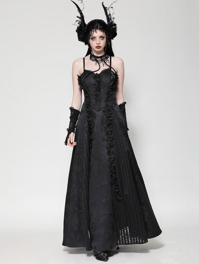 Dark in love Black Gothic Butterfly Embroidery Spaghetti Strap Lace Maxi Dress