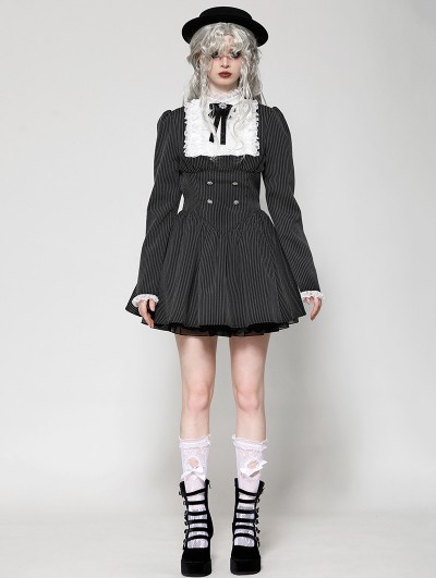 Dark in love Black Gothic Striped Ruffle Lace Trim Scholarly Academy Dress