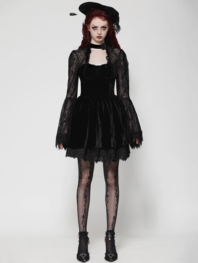 Dark in love Black Gothic Dark Floral Jacquard Velvet Lace Short Dress