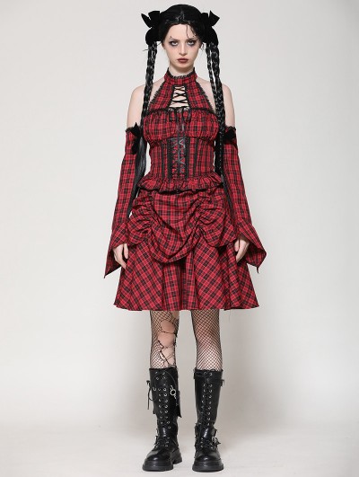 Dark in love Red and Black Plaid Halter Cold Shoulder Gothic Lolita Dress