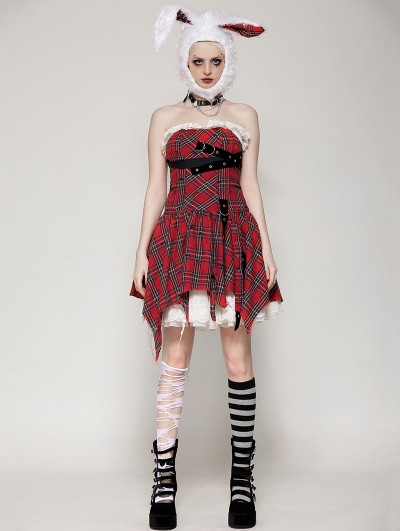 Dark in love Red Christmas Punk Gothic Distressed Asymmetric Plaid Short Dress