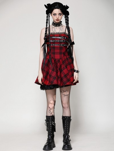 Dark in love Red Plaid Gothic Playful Buckle Decor Punk Rock Party Dress