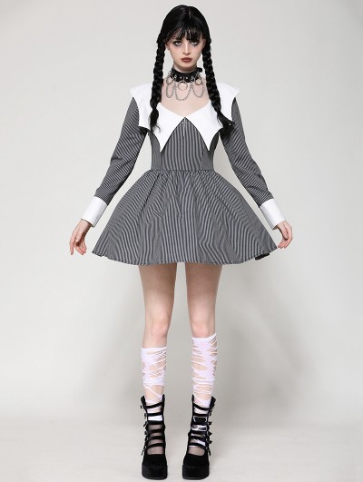 Dark in love Gray and White Gothic Batwing Neck Contrast Stripe Short Dress