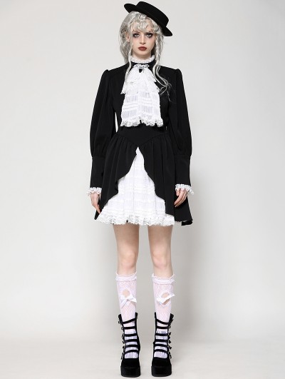 Dark in love Black and White Contrast Gothic Ruffle Neck Puff Sleeve Short Dress