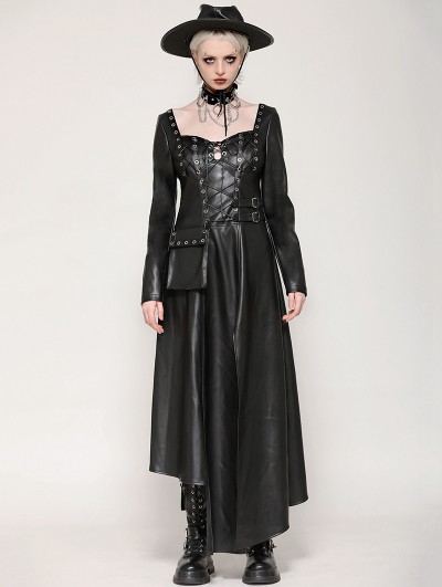 Dark in love Black Gothic Edgy Faux Leather Punk Asymmetrical Slit Long Dress