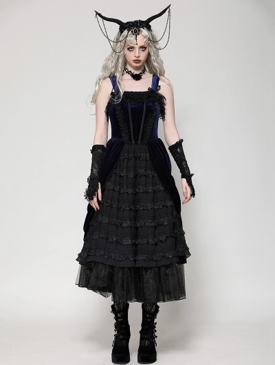 Dark in love Black and Indigo Gothic Lace Trim Lolita Velvet Party Doll Dress