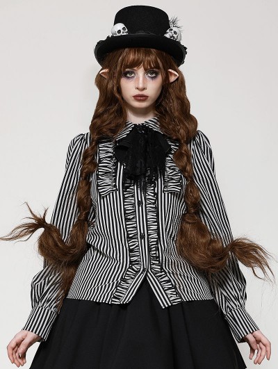 Dark in love Dark Gray Gothic Lolita Striped Skull Ruffle Blouse for Women