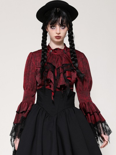 Dark in love Red Inferno Gothic Distressed Lace Splicing Frilly Blouse for Women