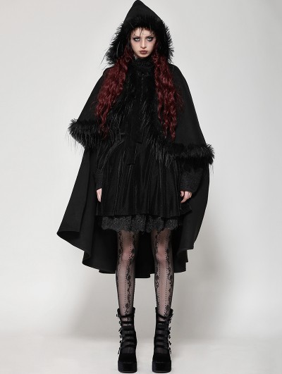 Dark in love Black Gothic Faux Fur Double-Sided Long Hooded Coat for Women