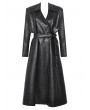 Dark in love Black Gothic Belted Single Breasted Faux Leather Long Coat for Women